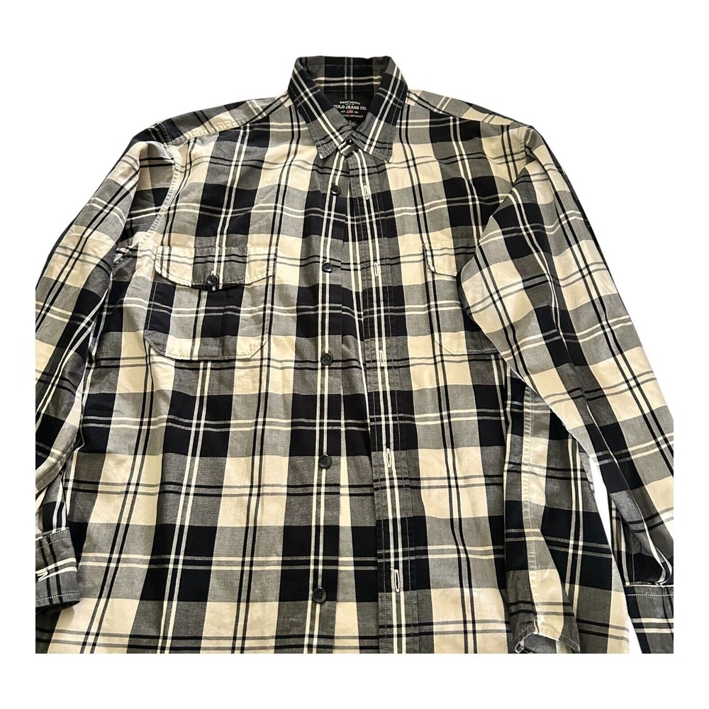 Ralph Lauren Polo Jeans Co Button-Up Shirt Mens L Black Plaid Long Sleeve Cotton